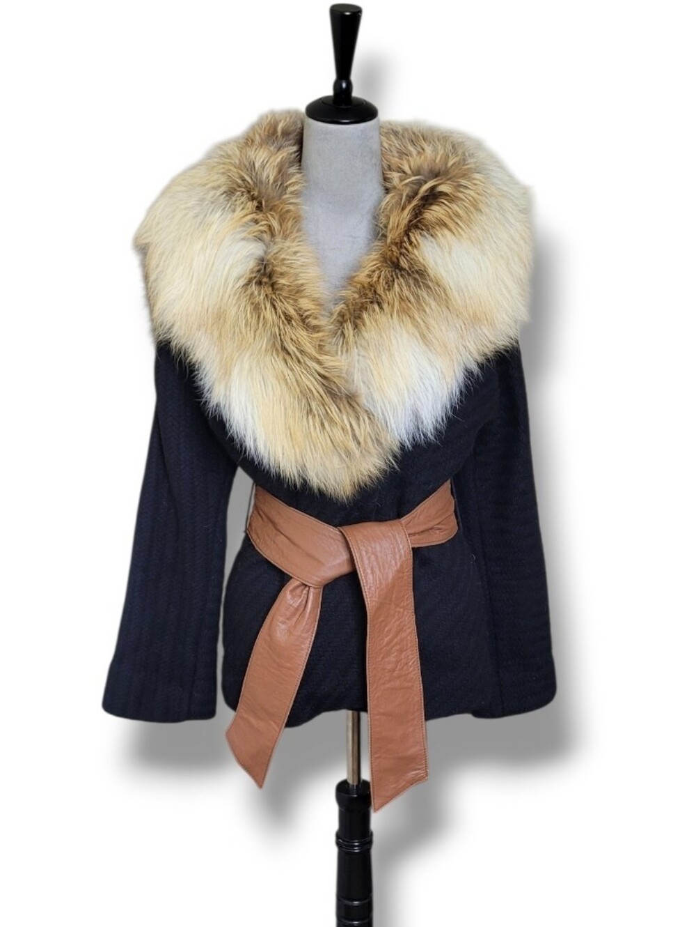 Marciano Wool Coat Red Fox Fur Collar Leather Belt NWT - Picture 3 of 13